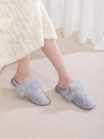 Fluffy Embroidered Bee Satin House Slippers
