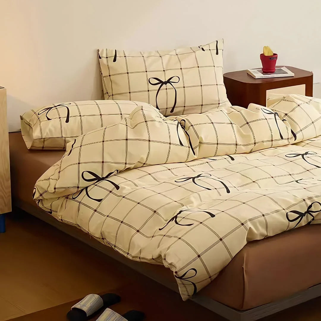 Soft Bow & Plaid Cotton Bedding Set