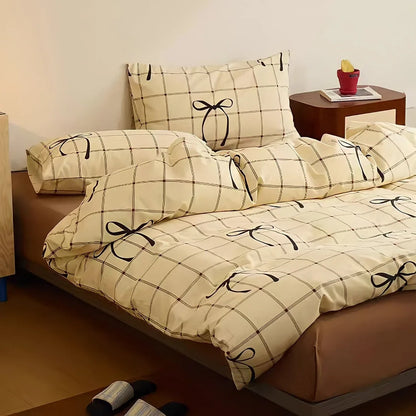 Soft Bow & Plaid Cotton Bedding Set