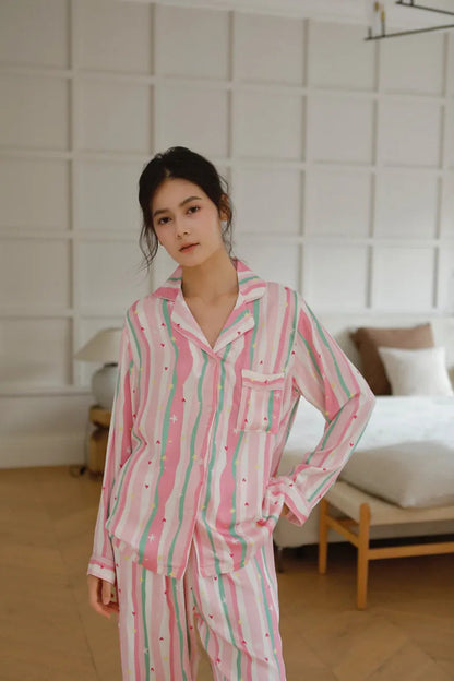 Silky Wavy Striped & Heart Print Cotton Sateen Pajama