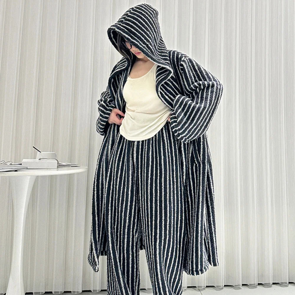 Plush Striped Fleece Hooded Pajama Set