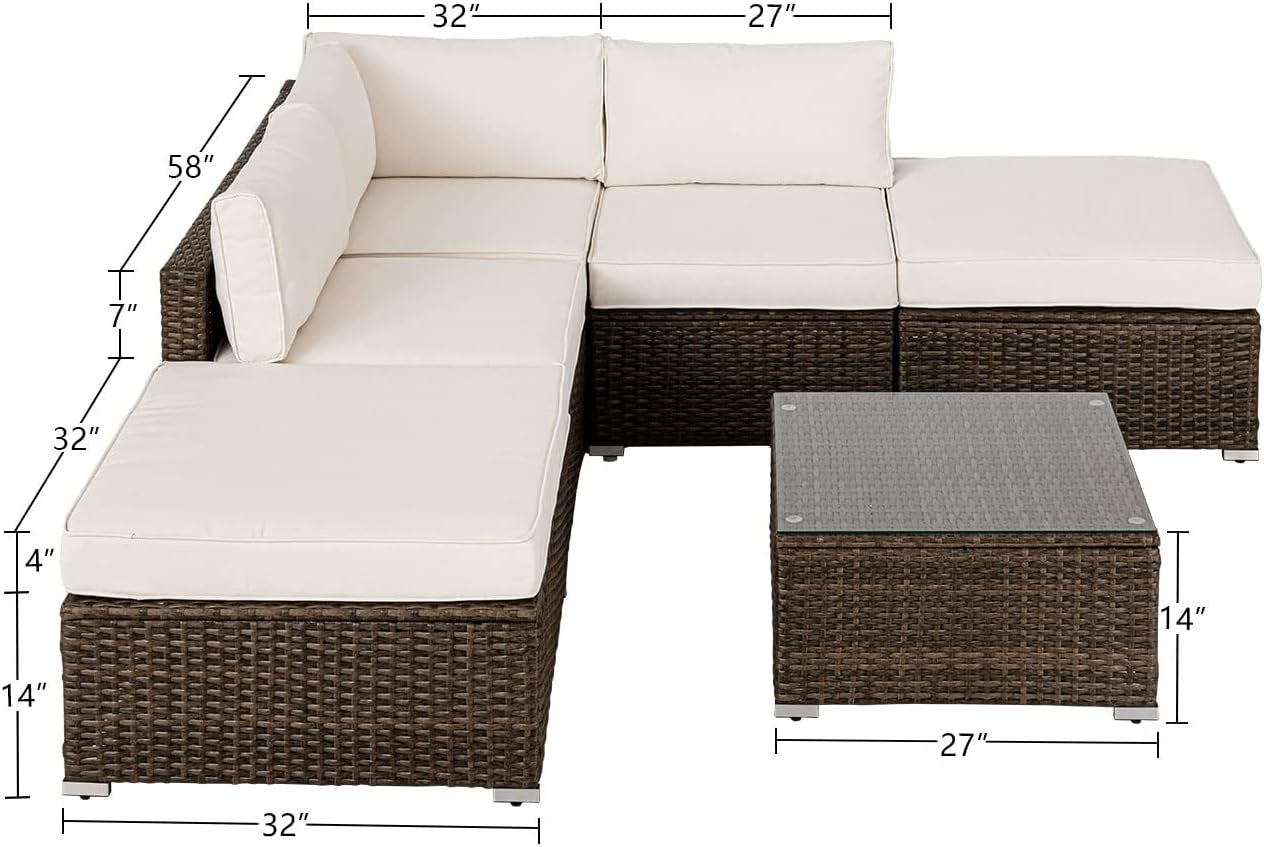 COSIEST 6-Piece Outdoor Furniture Set Brown Wicker Sectional Sofa W Thick off White Cushions, Glass Coffee Table, 2 Ottomans for Garden, Pool, Backyard Conversation Sets Lawn & Garden Patio Patio Furniture & Accessories Patio Furniture Sets