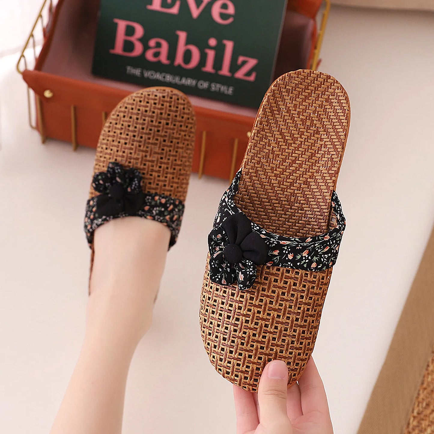 Woven Floral Natural Rattan House Slippers
