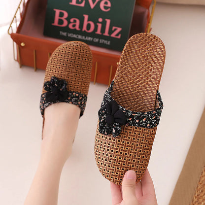 Woven Floral Natural Rattan House Slippers