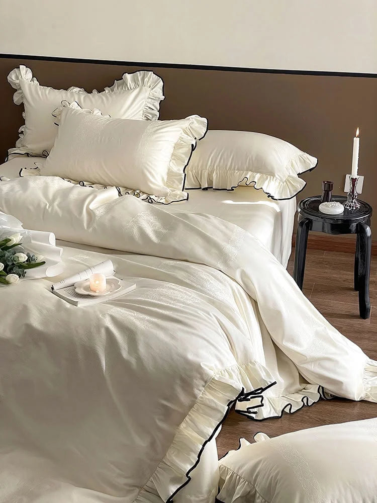 Silky Ruffled Jacquard Tencel Bedding Set with Contrast Trim