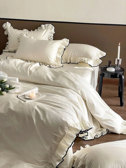 Silky Ruffled Jacquard Tencel Bedding Set with Contrast Trim