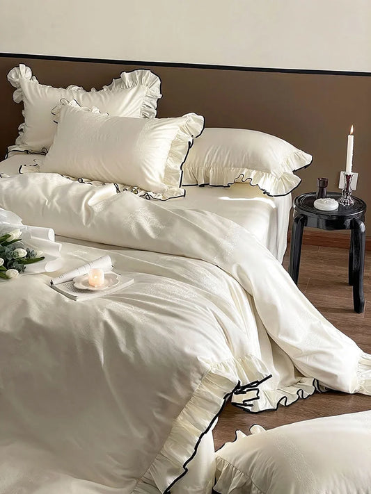 Silky Ruffled Jacquard Tencel Bedding Set with Contrast Trim
