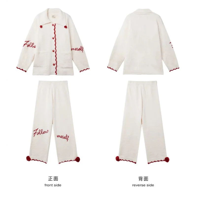 Plush Embroidered Pom-Pom Fleece Pajama Set