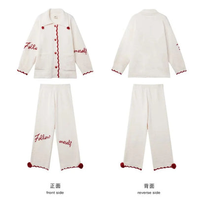 Plush Embroidered Pom-Pom Fleece Pajama Set