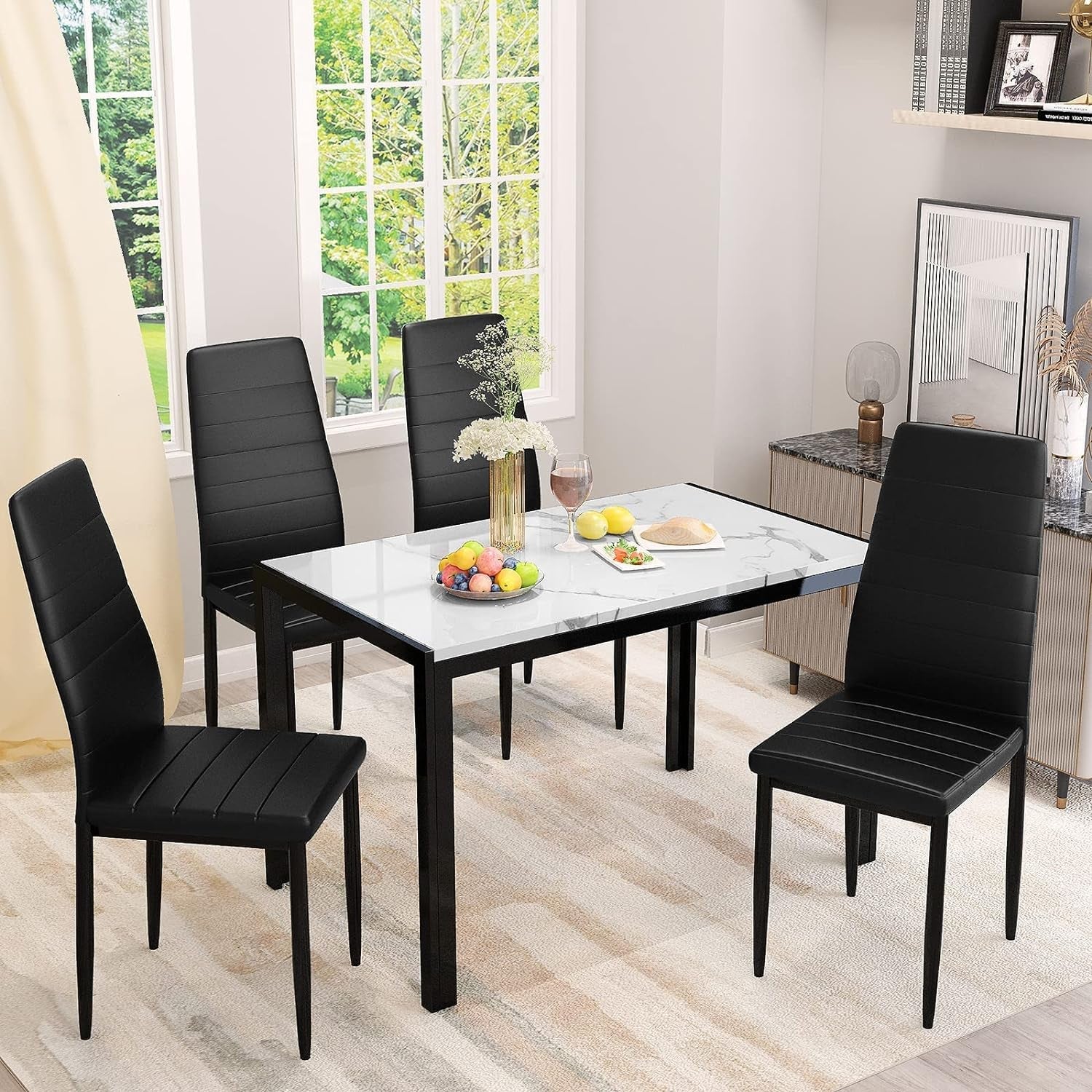 AWQM Marble Dining Table Set for 4, Rectangular Faux Marble Table and 4 PU Leather Chairs, 5 Pieces Kitchen Table Set,Ideal for Living Room, Dining Room,Breakfast Nook, White&Black Dining Room Furniture Furniture Home & Kitchen Table & Chair Sets