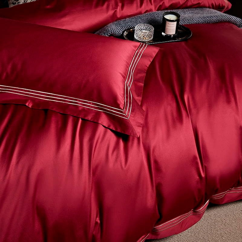 Leila Red Embroidered Edge Egyptian Cotton Bedding Set