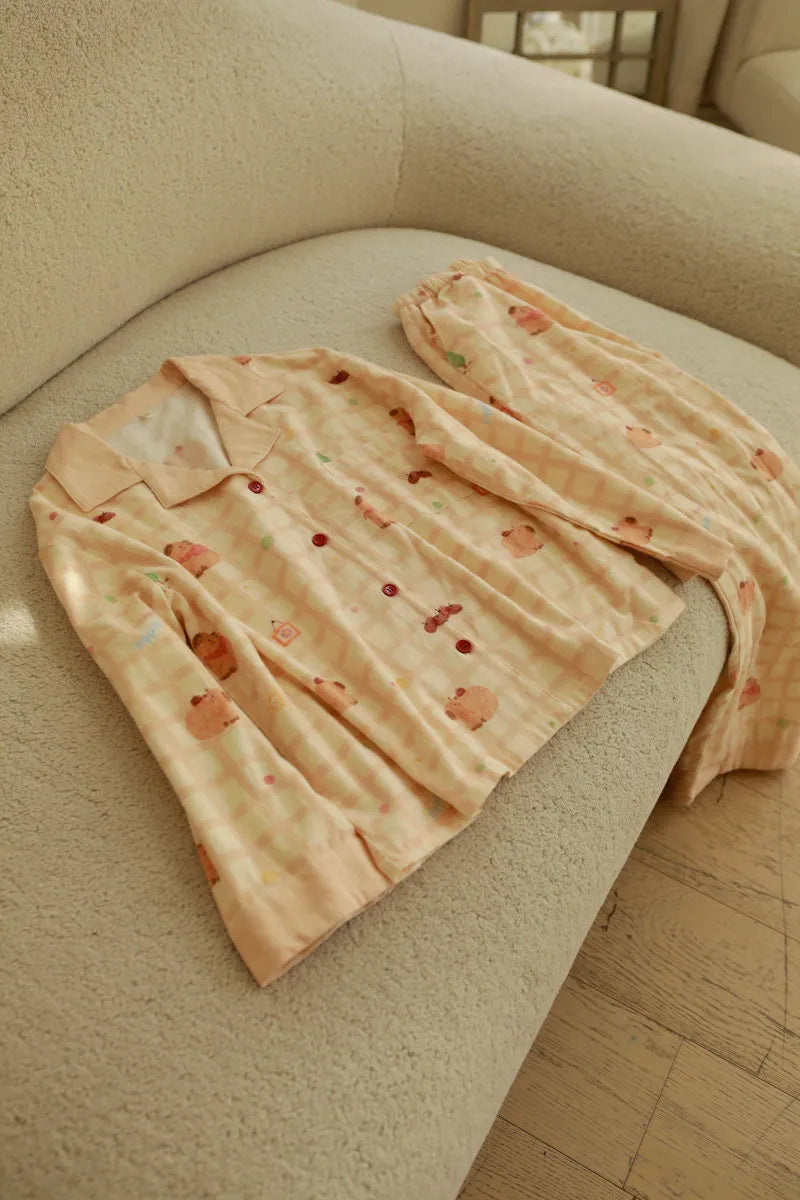 Soft Capybara Plaid Cotton Pajama Set