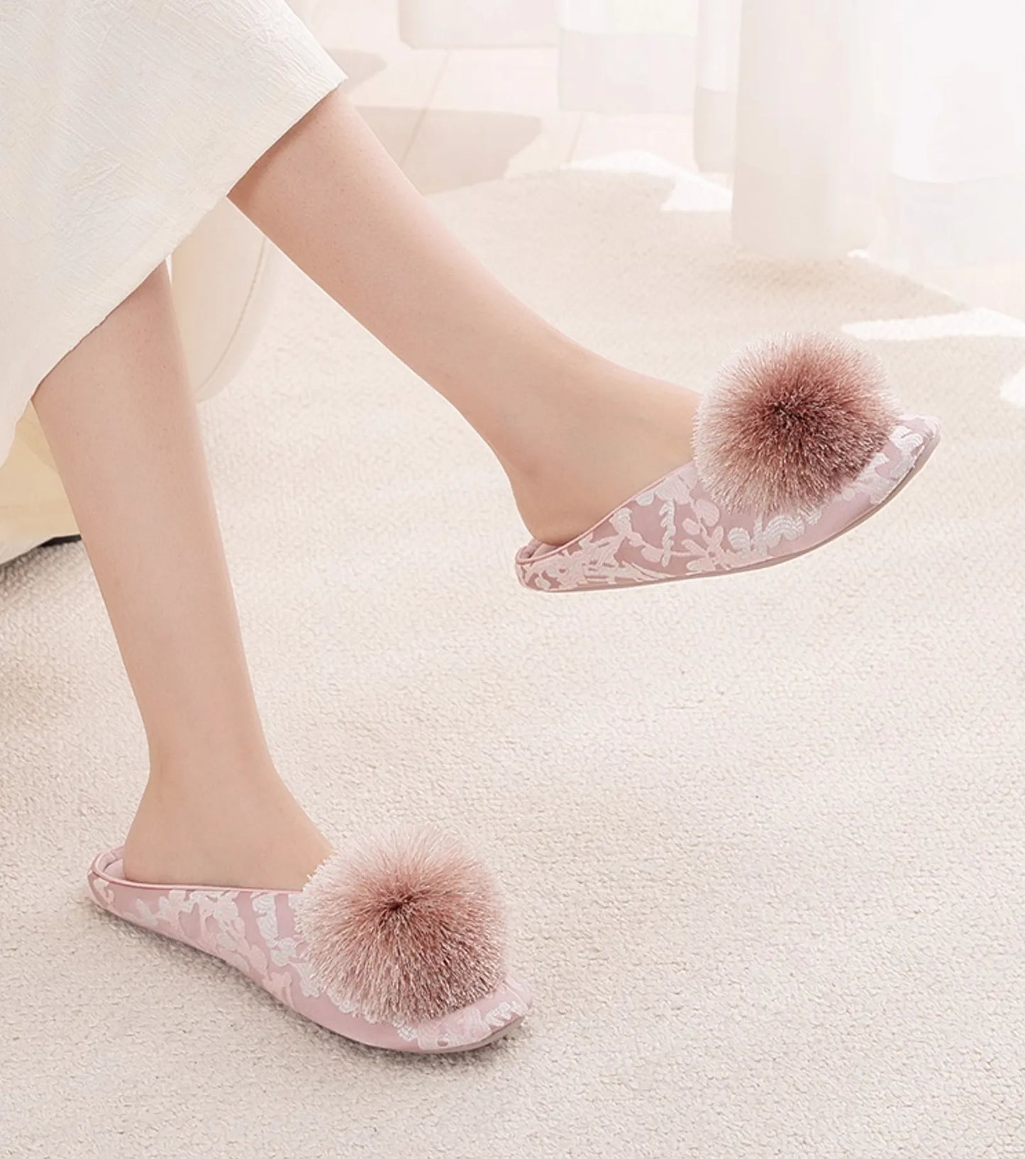 Fluffy Floral Jacquard Cotton Sateen House Slippers