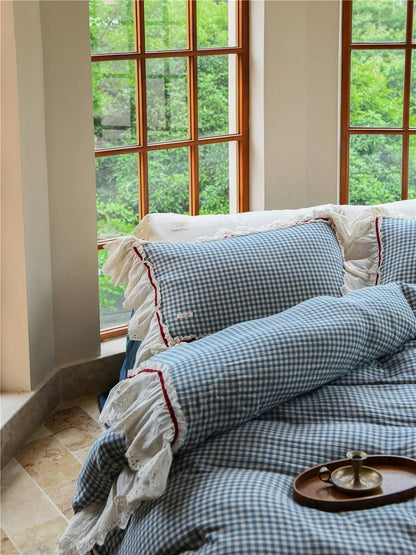 Lace Ruffle Gingham Washed Cotton Bedding Set