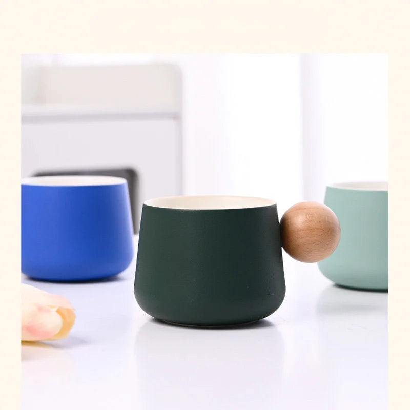 Frosted Ceramic Mug and Saucer with Wooden Ball Handle