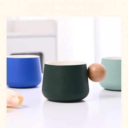 Frosted Ceramic Mug and Saucer with Wooden Ball Handle