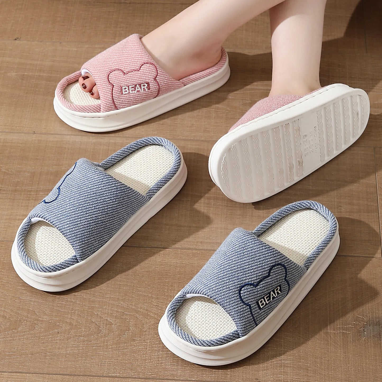 Breathable Woven Embroidered Bear Linen House Slippers