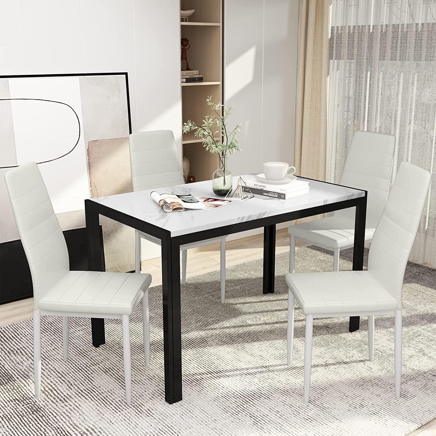 AWQM Marble Dining Table Set for 4, Rectangular Faux Marble Table and 4 PU Leather Chairs, 5 Pieces Kitchen Table Set,Ideal for Living Room, Dining Room,Breakfast Nook, White&Black Dining Room Furniture Furniture Home & Kitchen Table & Chair Sets