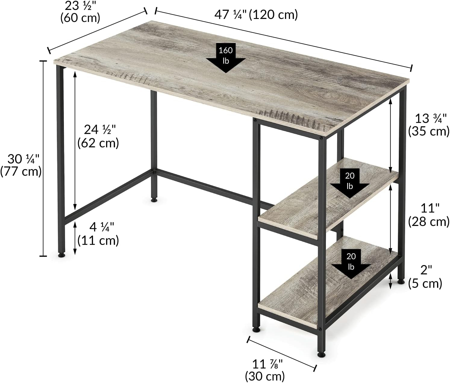 Ballucci Computer Desk, 47 Inch Home Office Desk with 2 Storage Shelves, Modern Study and Gaming Desk, Wood with Metal Frame Workstation and Writing Table - Rustic Gray Furniture Home & Kitchen Home Office Desks Home Office Furniture