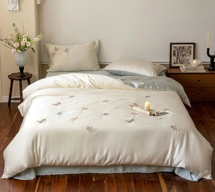 Silky Butterfly Embroidered Tencel Bedding Set