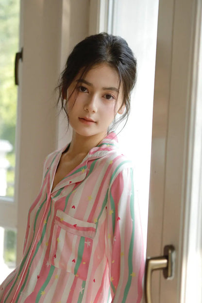 Silky Wavy Striped & Heart Print Cotton Sateen Pajama