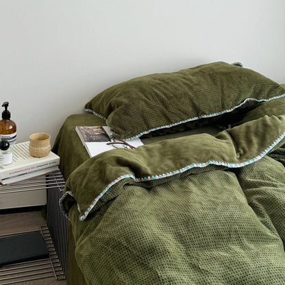 Plush Waffle Fleece Bedding Set with Crochet Trim