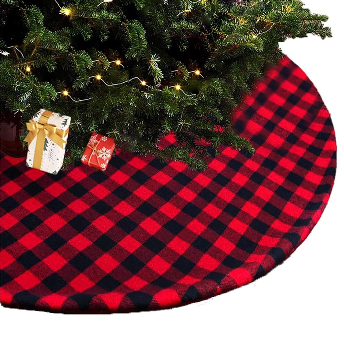 Christmas Tree Skirt 48 Inch Buffalo Plaid Xmas Tree Skirts Red and Black Checked Double Layers Tree Skirts Xmas Tree Mat for Holiday Party Mat Xmas Ornaments