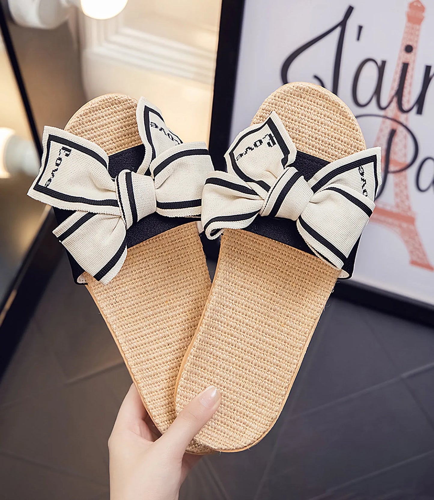 Breathable Woven "Love" Bow Linen House Slippers