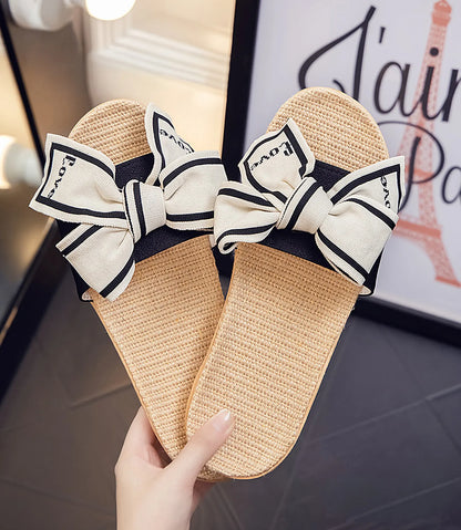 Breathable Woven "Love" Bow Linen House Slippers