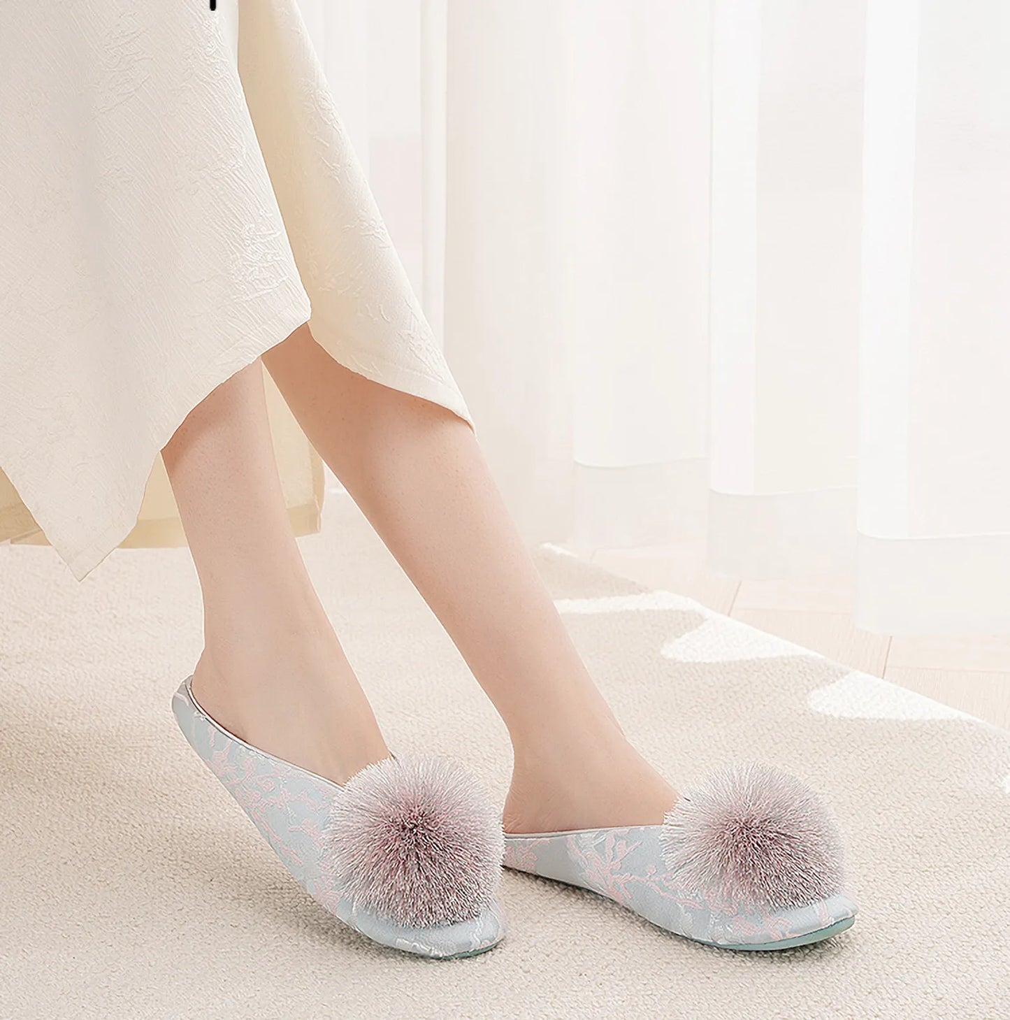 Fluffy Floral Jacquard Cotton Sateen House Slippers