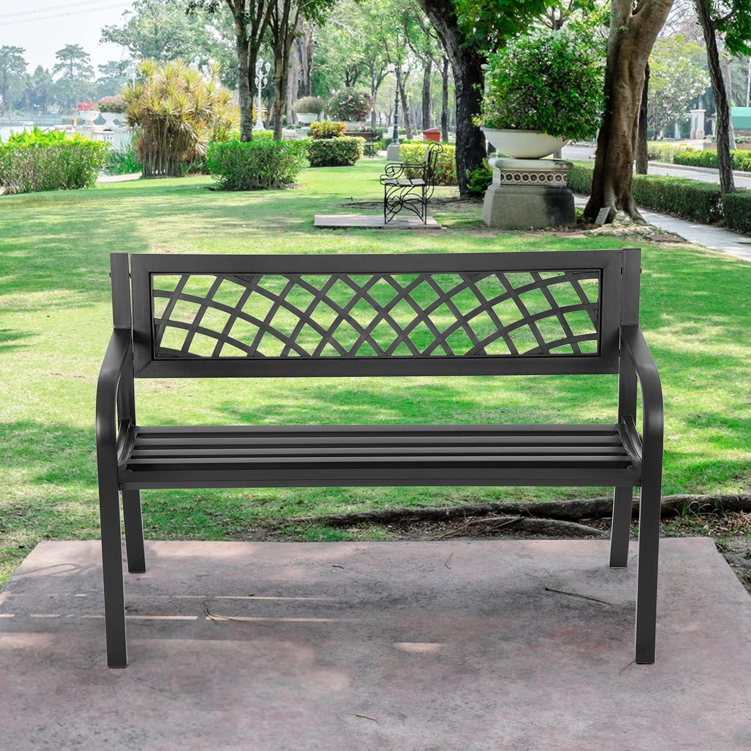 Garden Bench,Outdoor Benches,Iron Steel Frame Patio Bench with Mesh Pattern and Plastic Backrest Armrests for Lawn Yard Porch Work Entryway,Black Benches Lawn & Garden Patio Patio Furniture & Accessories Patio Seating