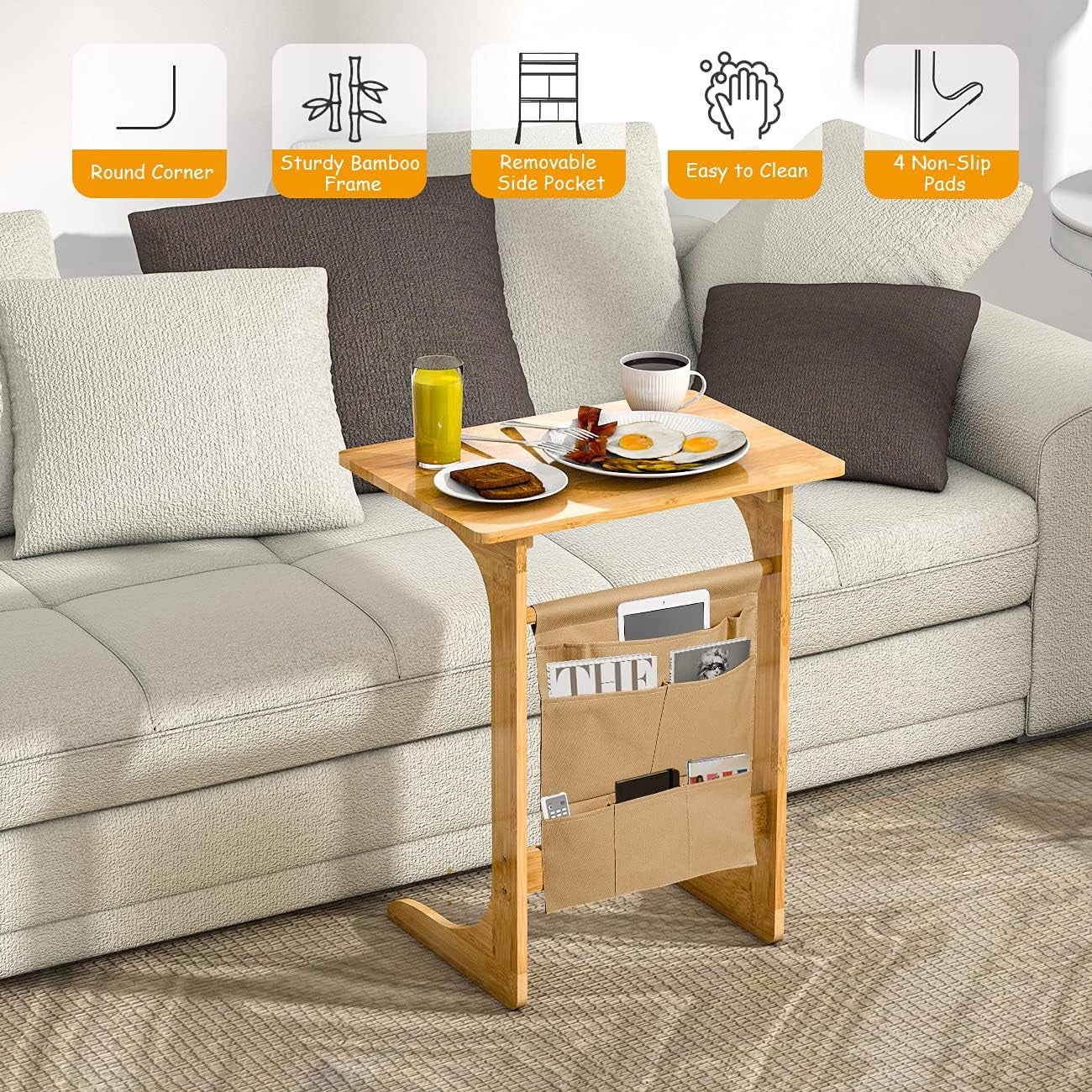 Ruichang C Table Sofa Side End Table That Slide under Couch for Small Space Living Room Laptop Coffee Snack Bamboo 20 X 12 X 24 Inch TV Dinner Tray Table End Tables Furniture Home & Kitchen Living Room Furniture Tables