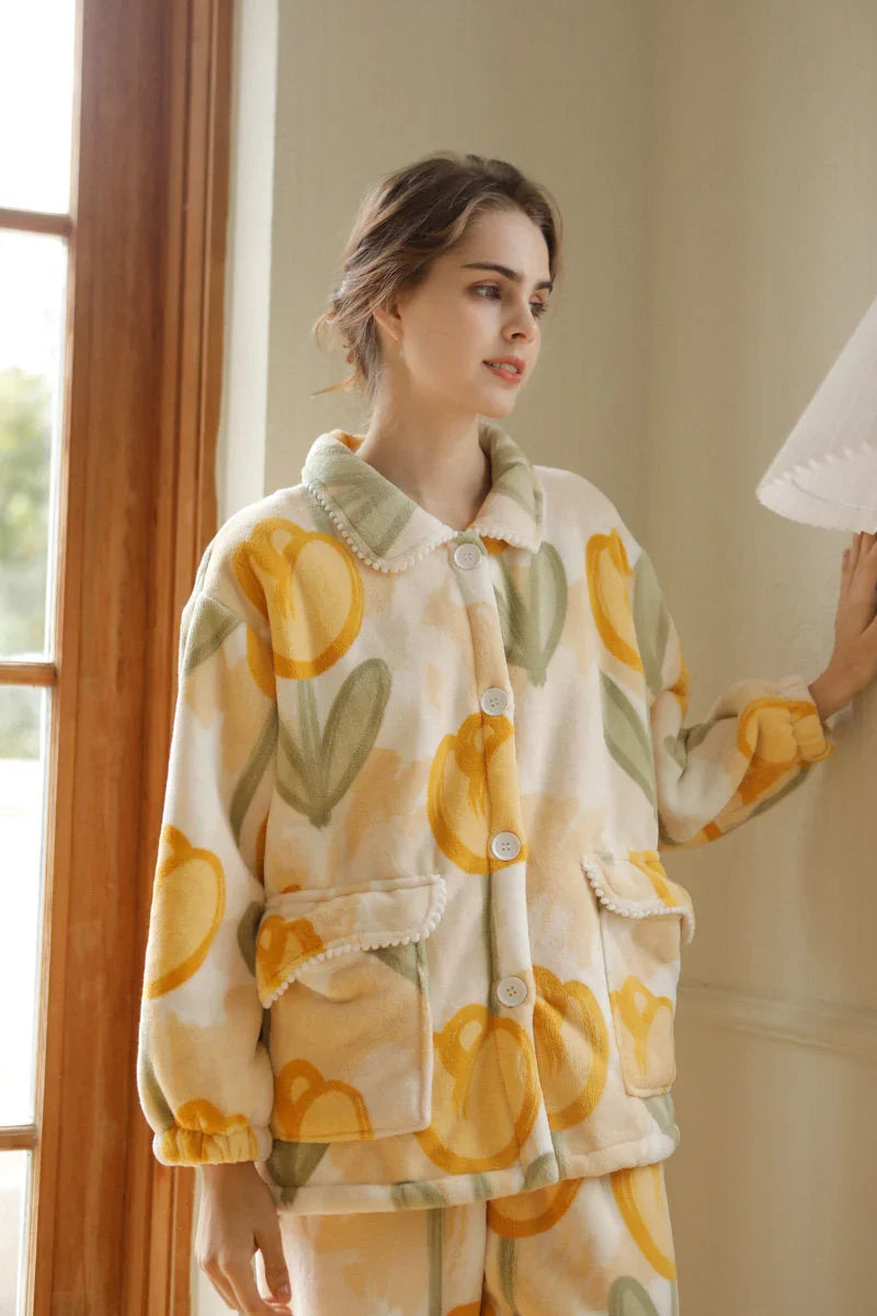 Plush Watercolor Tulip Flannel Fleece Pajama Set