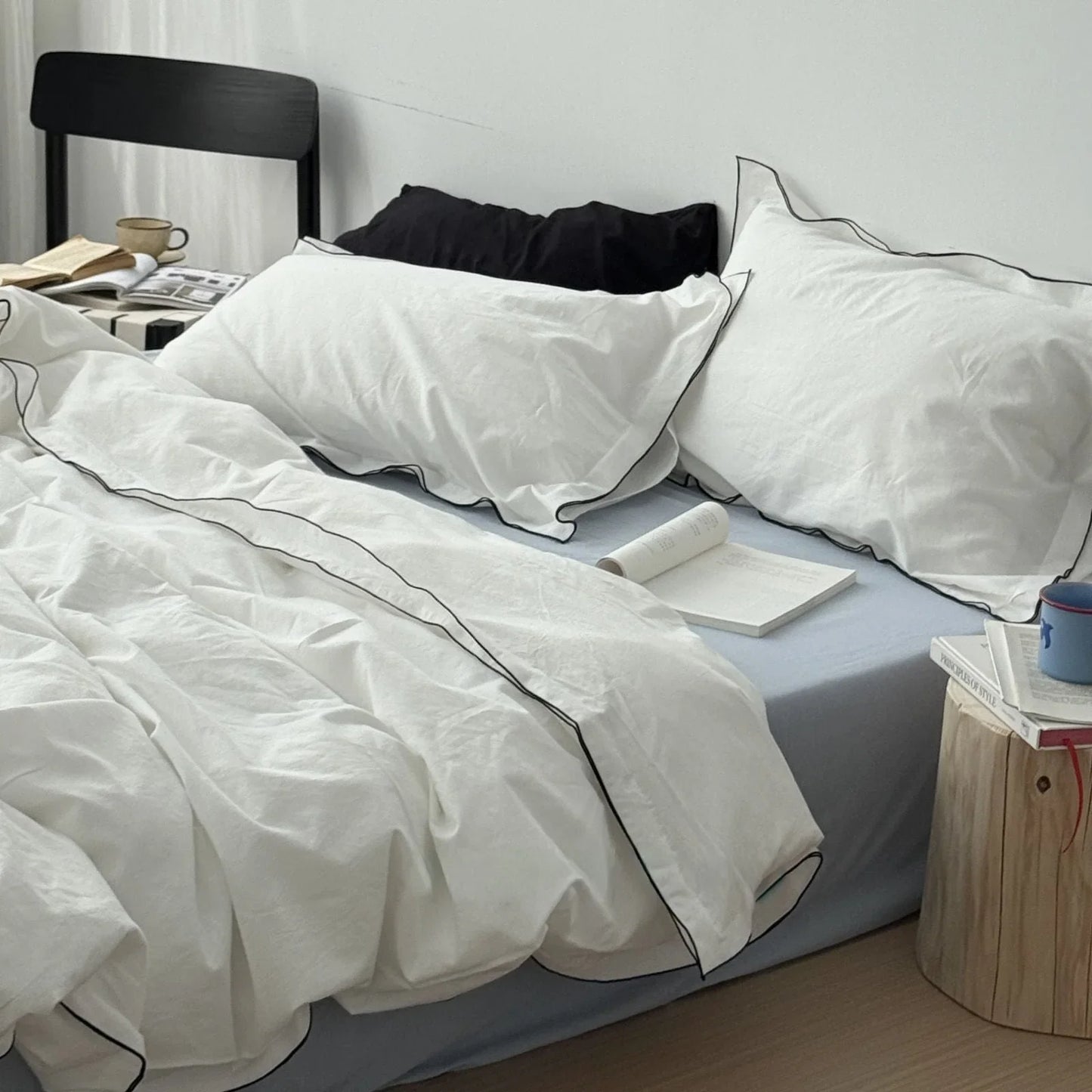 Soft Contrast Trim Washed Cotton Bedding Set