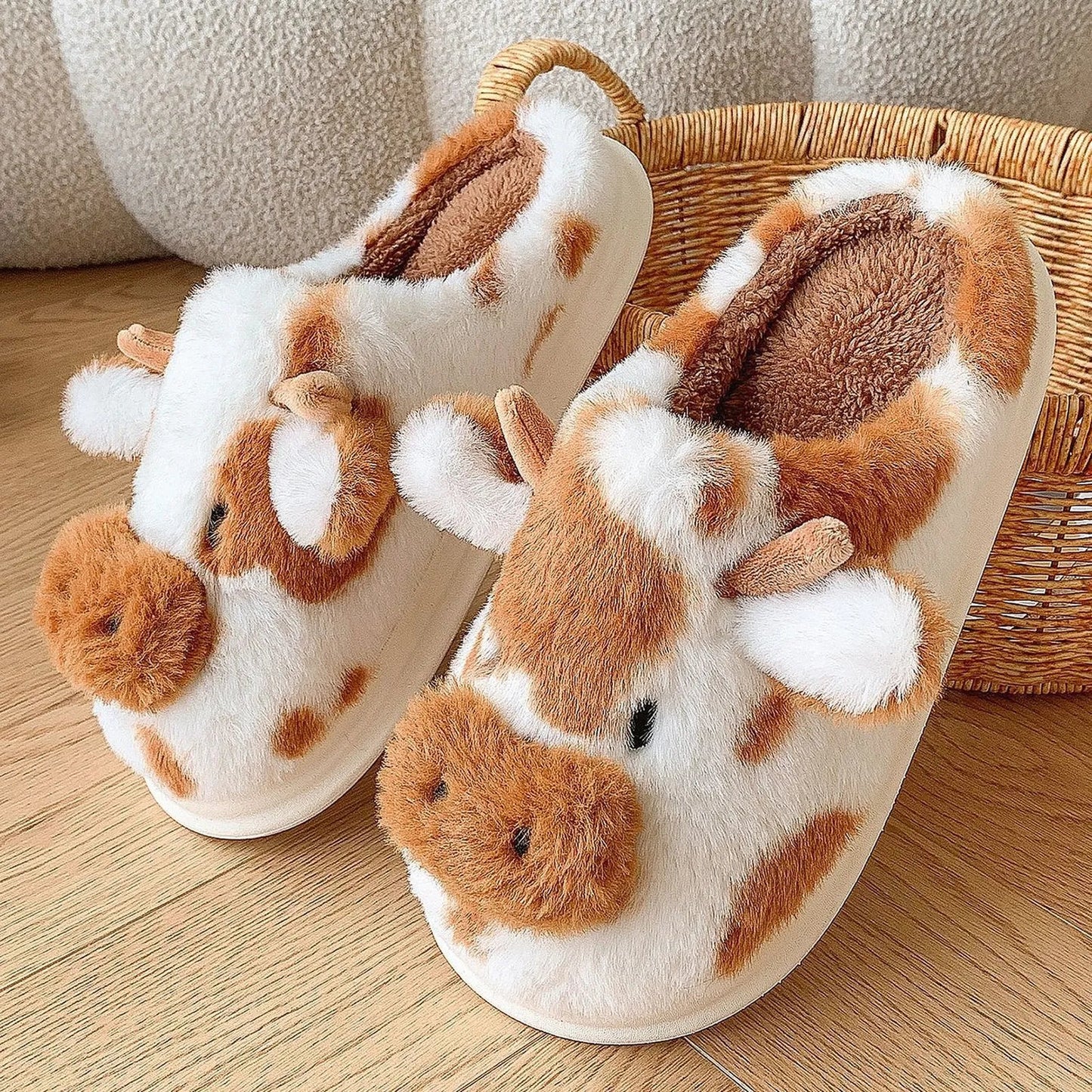 Fuzzy Cow Print Plush House Slippers