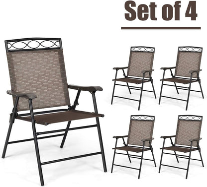 Giantex Set of 4 Patio Folding Dining Chairs for Camping, Beach, Backyard, Deck Portable W/Armrest and Metal Frame, 4-Pack (Brown) Chairs Lawn & Garden Patio Patio Dining Chairs Patio Furniture & Accessories Patio Seating