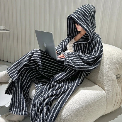 Plush Striped Fleece Hooded Pajama Set