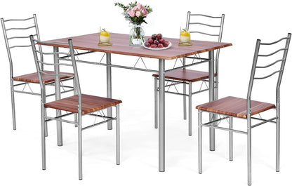 COSTWAY 5 Pieces Dining Room Table Set, Modern Kitchen Table Set with Metal Framework & Anti-Slip Pads, Dining Furniture Set with 4 High Back Chairs for Dining Room, Restaurant and Cafe (Natural Wood) Dining Room Furniture Furniture Home & Kitchen Table & Chair Sets