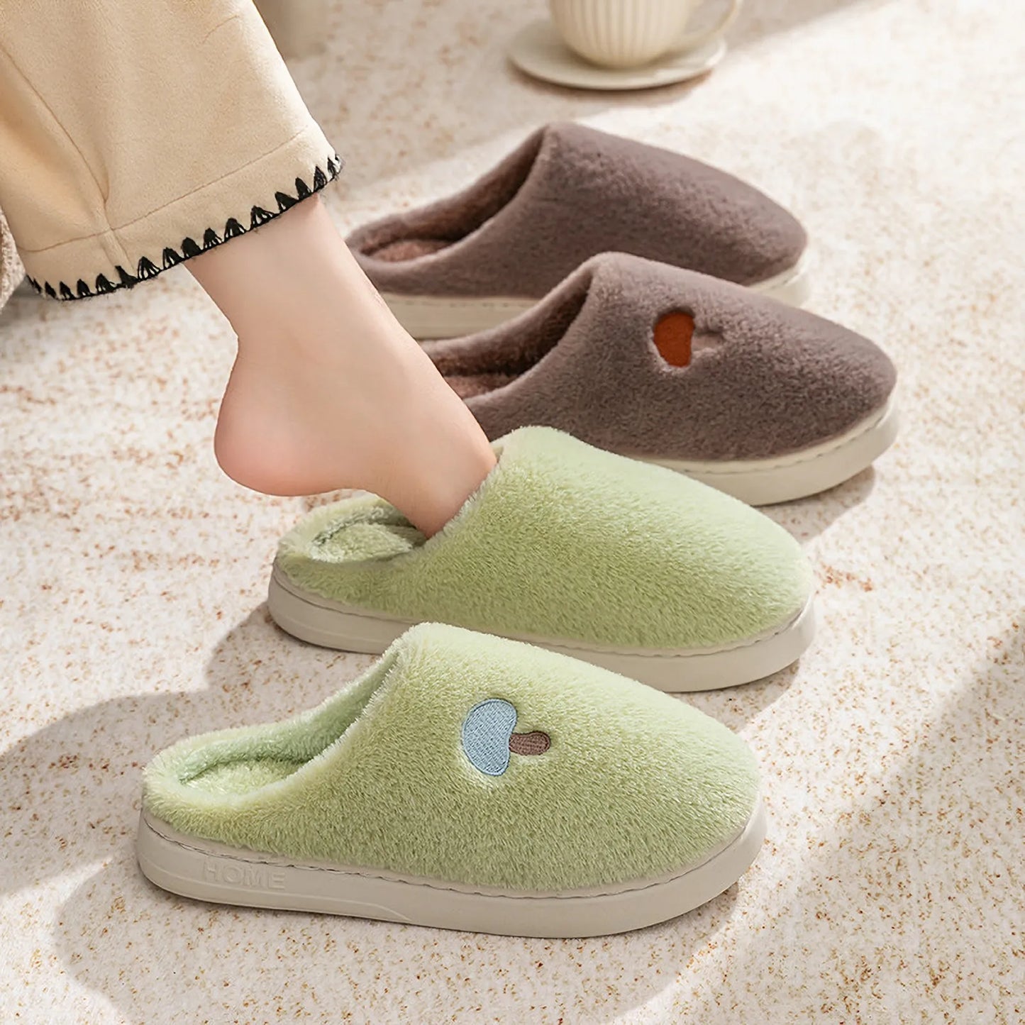 Plush Mushroom Embroidered Fleece House Slippers