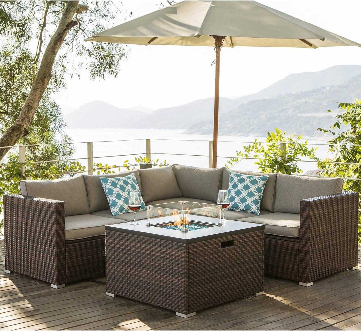 COSIEST 4-Piece Outdoor Furniture Set All-Weather Brown Wicker Sectional Sofa W Warm Gray Thick Cushions, Glass Coffee Table, 2 Teal Pattern Pillows Lawn & Garden Patio Patio Furniture & Accessories Patio Seating Sofas