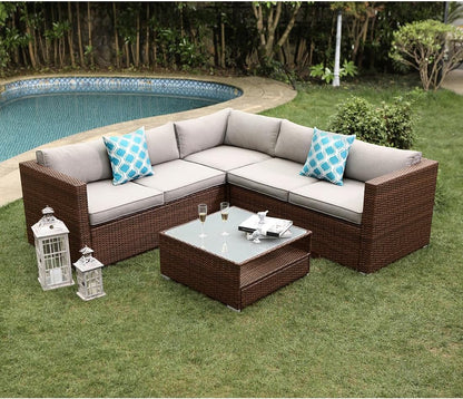 COSIEST 4-Piece Outdoor Furniture Set All-Weather Brown Wicker Sectional Sofa W Warm Gray Thick Cushions, Glass Coffee Table, 2 Teal Pattern Pillows Lawn & Garden Patio Patio Furniture & Accessories Patio Seating Sofas