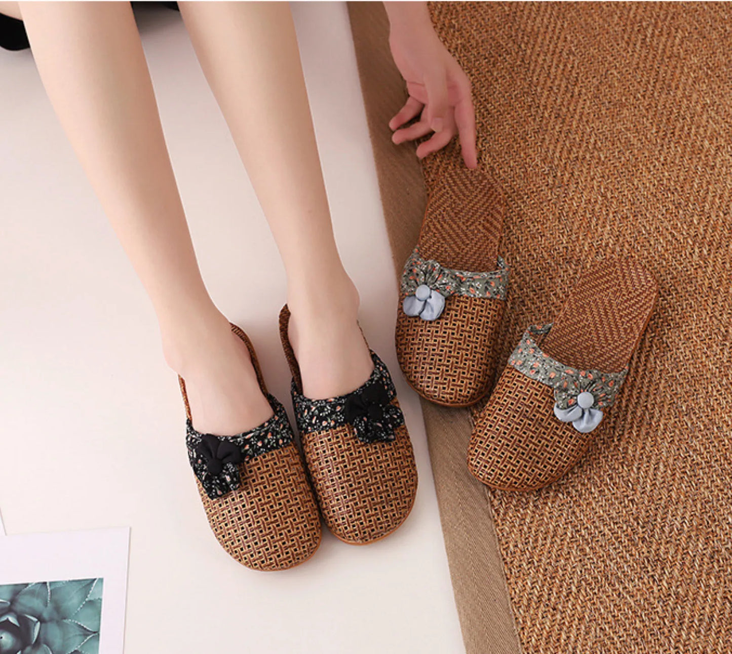Woven Floral Natural Rattan House Slippers