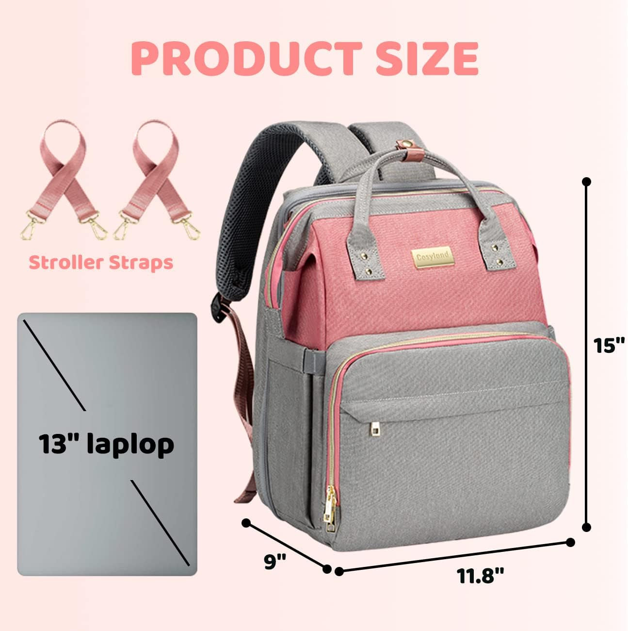 COSYLAND Diaper Bag Backpack Large Capacity Baby Bag for Boy Girl Water-Repellent Multifunction Travel Back Pack with Changing Pad & Stroller Straps for Mom Dad, Pink/Grey Baby Products Backpacks Diaper Bags Diapering