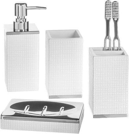 Creative Scents Bathroom Accessory Set - White and Gray Bathroom Décor Set - 4 Piece Decorative Bathroom Set Includes: Soap Dispenser, Soap Dish, Toothbrush Holder and Tumbler (Mirror Damask) Bath Bathroom Accessories Bathroom Accessory Sets Home & Kitchen