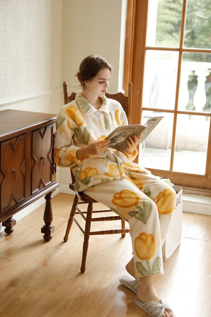 Plush Watercolor Tulip Flannel Fleece Pajama Set