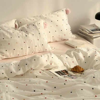Soft Polka Dot Cotton Bedding Set with Pom Poms