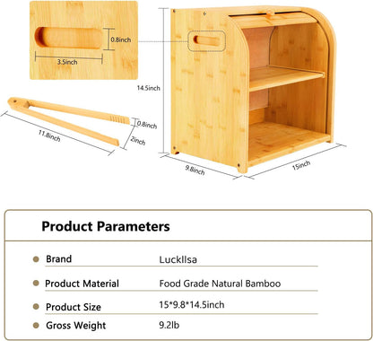 Bamboo Bread Box, Luckllsa 2 Layer Rolltop Bread Bin for Kitchen, Large Capacity Wooden Bread Storage Holder, Countertop Bread Keeper with Toaster Tong, 15” X 9.8” X 14.5”(Self-Assembly) Bread Boxes Food Storage Home & Kitchen Kitchen & Dining Storage & Organization