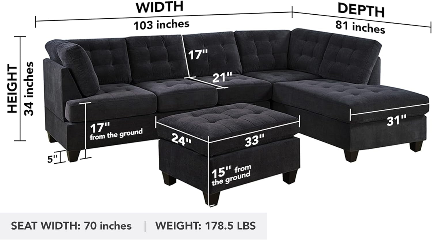 Casa Andrea Milano 3 Piece Modern Tufted Micro Suede L Shaped Sectional Sofa Couch with Reversible Chaise & Ottoman Furniture Home & Kitchen Living Room Furniture Living Room Sets