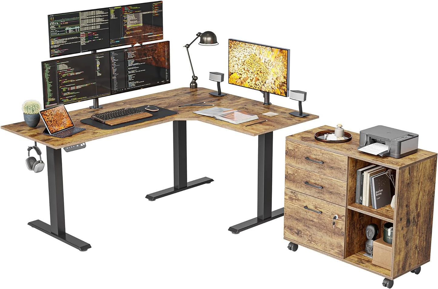 FEZIBO Triple Motor 63" L Shaped Standing Desk with 3 Drawers, Electric Standing Gaming Desk Adjustable Height, Corner Stand up Desk with Splice Board, White Frame/White Top Furniture Home & Kitchen Home Office Desks Home Office Furniture