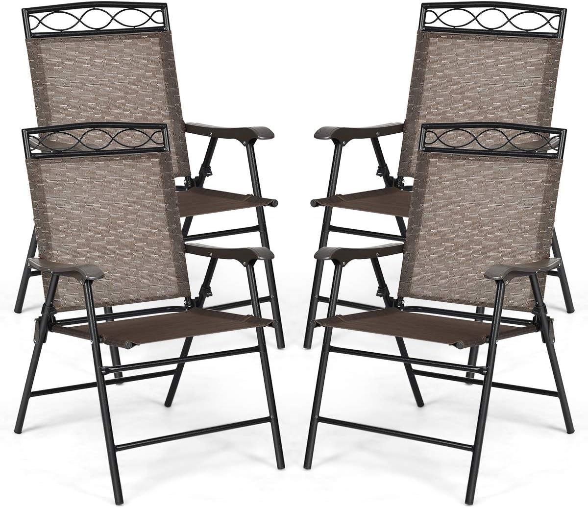 Giantex Set of 4 Patio Folding Dining Chairs for Camping, Beach, Backyard, Deck Portable W/Armrest and Metal Frame, 4-Pack (Brown) Chairs Lawn & Garden Patio Patio Dining Chairs Patio Furniture & Accessories Patio Seating